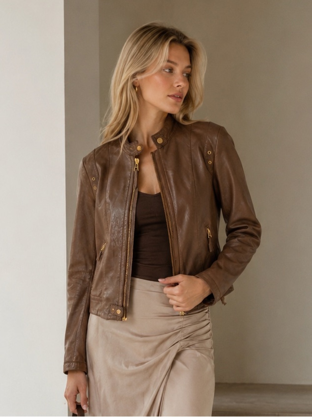 Massimo Dutti Brown Genuine Leather Moto Jacket Gold Hardware